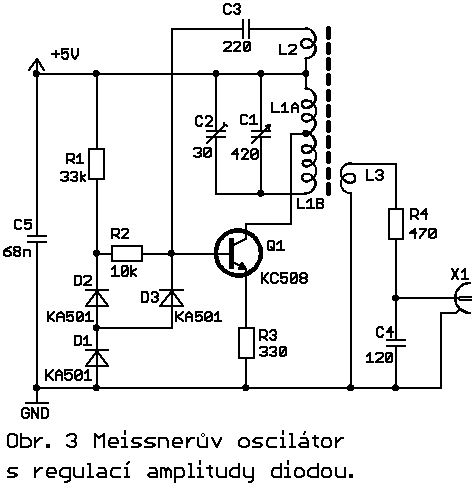 Meissnerův oscilátor s regulací amplitudy diodou.