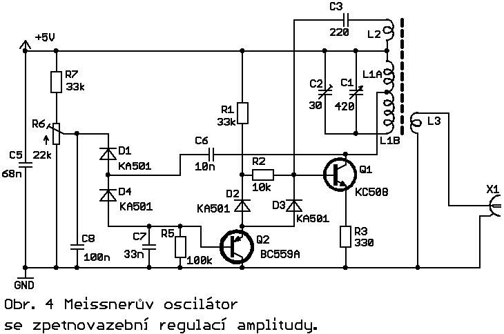Meissnerův oscilátor se zpětnovazební regulací amplitudy.